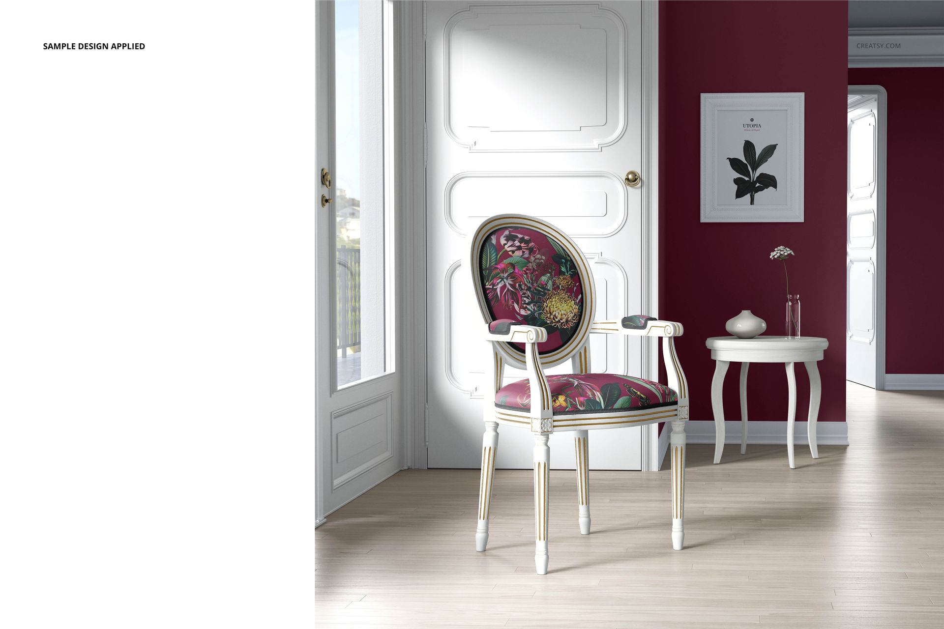 PSD mockup showing a classic armchair with decorative upholstery, placed near a side table and framed artwork.