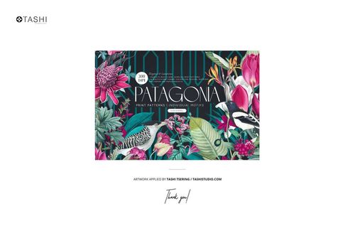 Front view of a paper wallpaper mockup featuring a vibrant floral and bird pattern in pink, green, and blue tones.