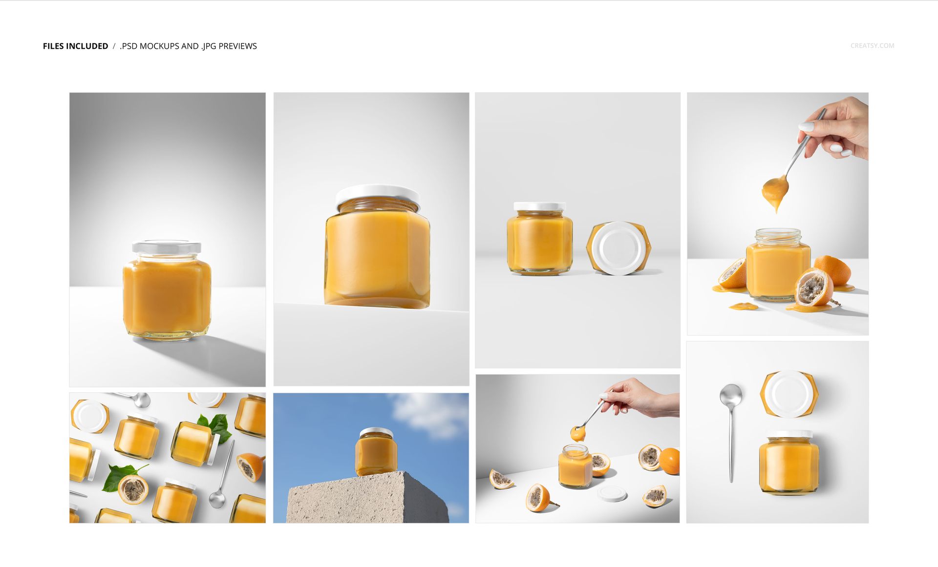 Granadilla jam jar mockup set featuring clear glass jars with white lids, displayed with spoons and fruit slices.