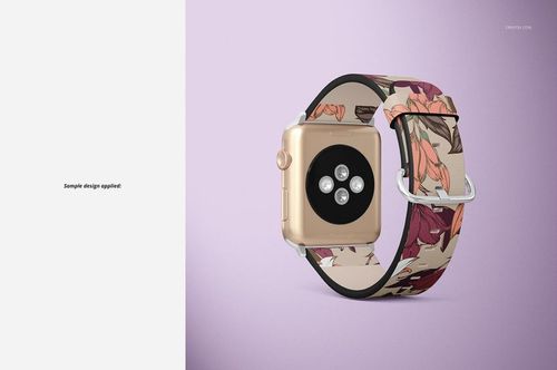PSD mockup of an Apple Watch featuring a beige and maroon floral leather band on a pastel purple surface.