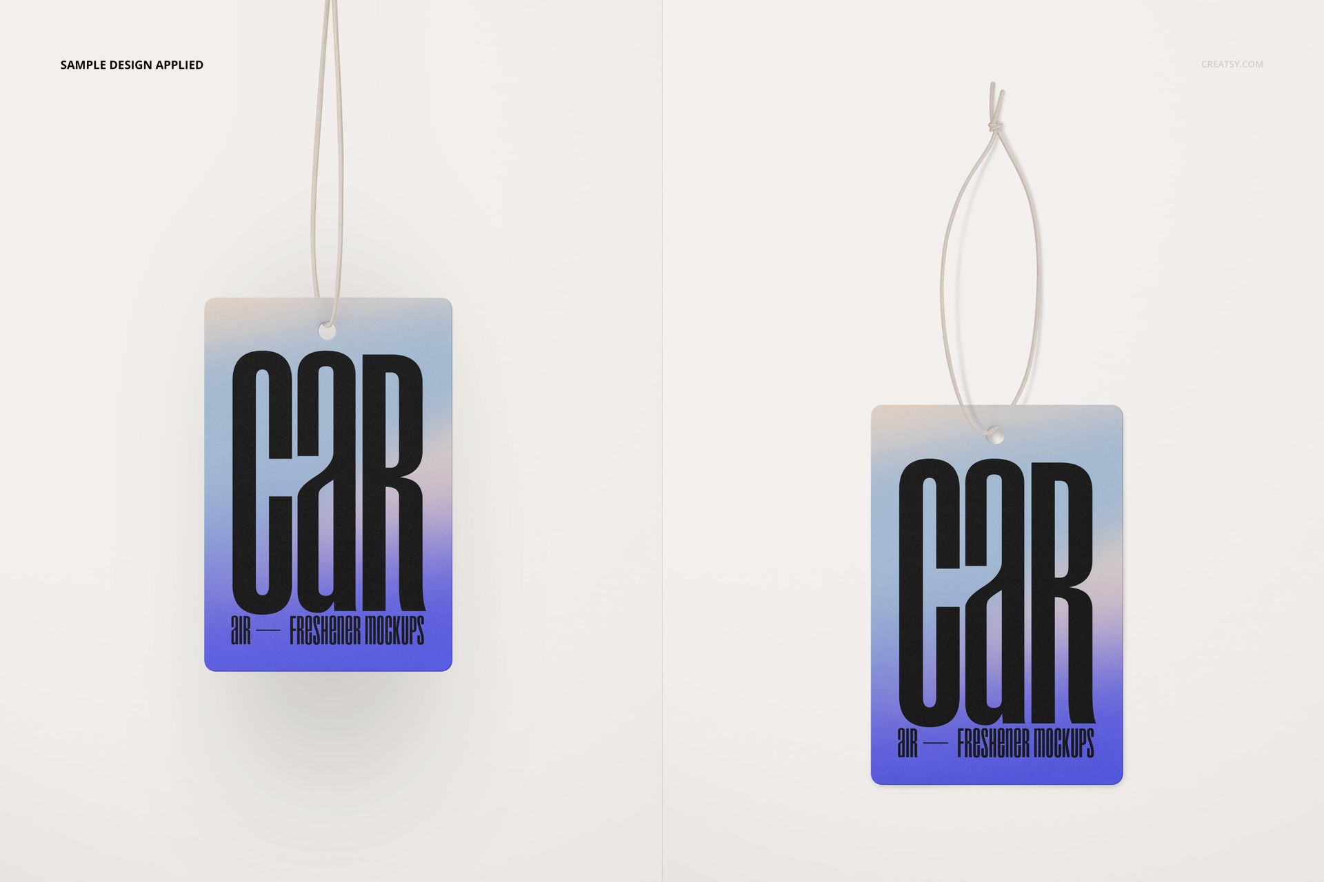 Rectangular car air freshener mockup with gradient blue background and bold black text, shown hanging on a white string.