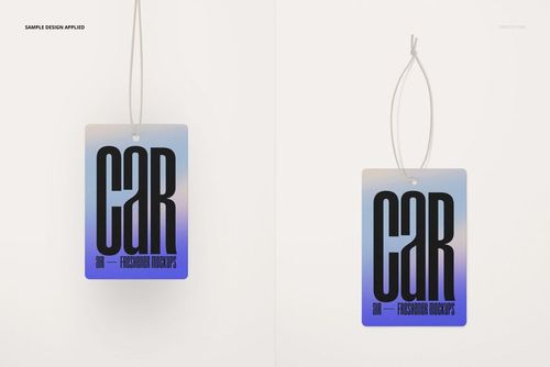 Rectangular car air freshener mockup with gradient blue background and bold black text, shown hanging on a white string.