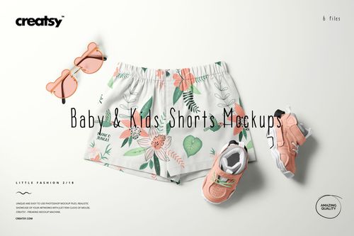 Baby and kids shorts mockup featuring a floral design, styled with pink shoes and sunglasses on a neutral surface.