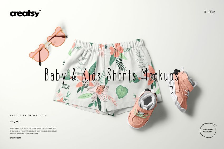 Baby and kids shorts mockup featuring a floral design, styled with pink shoes and sunglasses on a neutral surface.