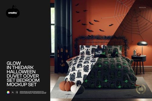 Halloween duvet cover mockup with spooky motifs, pumpkins, and spider web decor in a warmly lit bedroom.