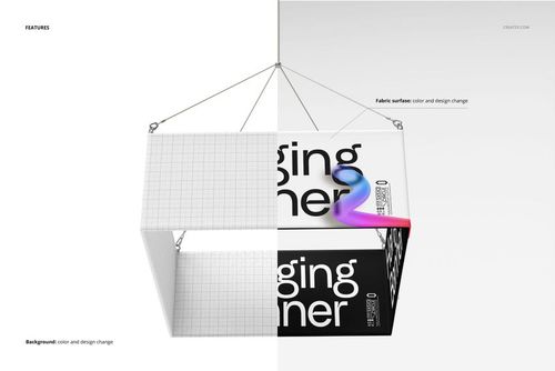 Square hanging display mockup with grid and graphic design panels, suspended by cables in a minimalist indoor setting.
