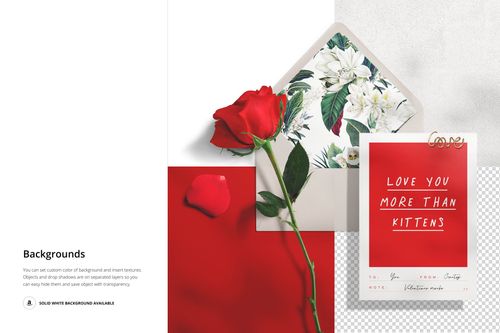 Valentine’s stationery mockup featuring a floral envelope, red rose, greeting card with handwritten text, and red background.