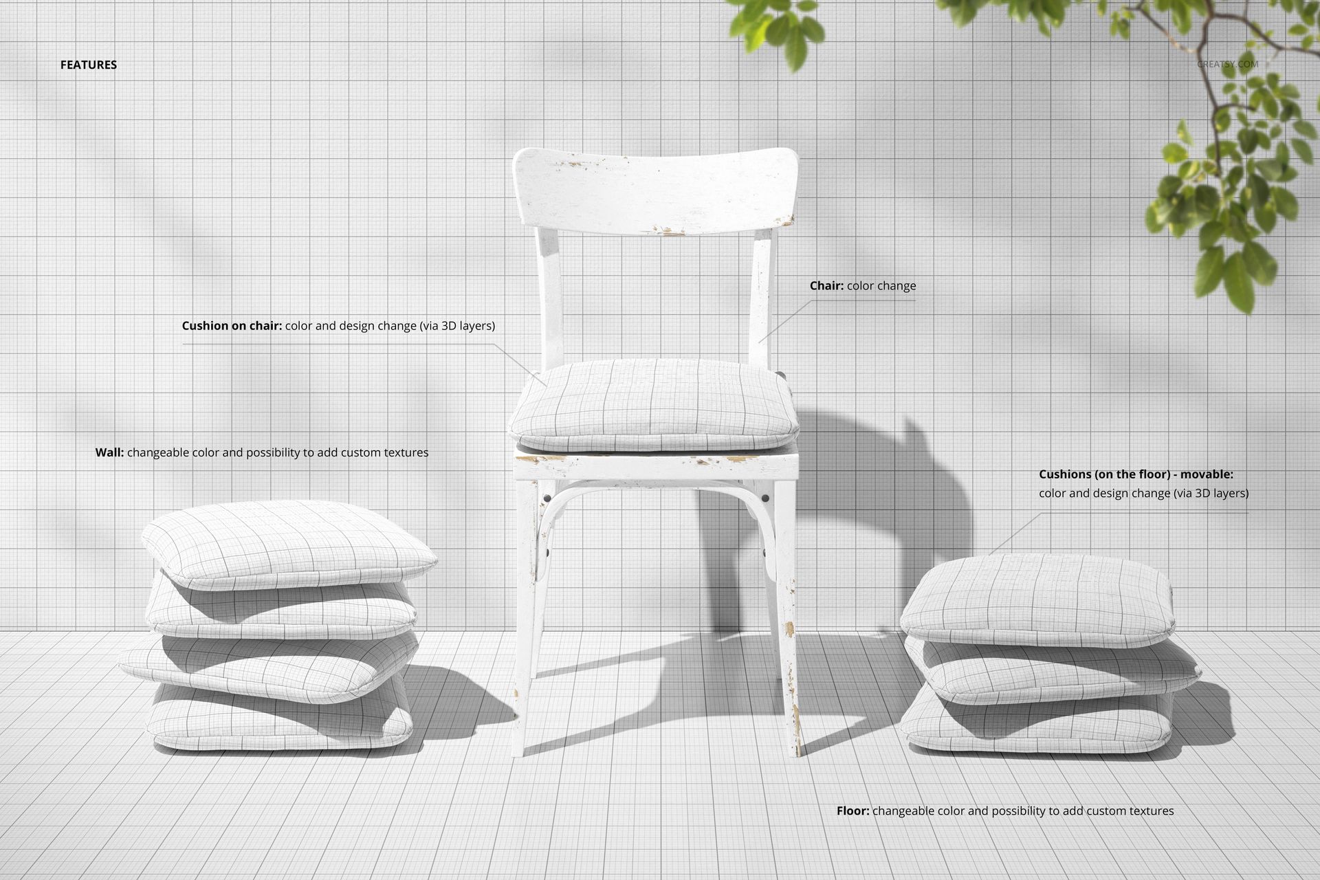 PSD mockup featuring a distressed white chair with a cushion, multiple matching cushions on the floor, and a grid wall backdrop.