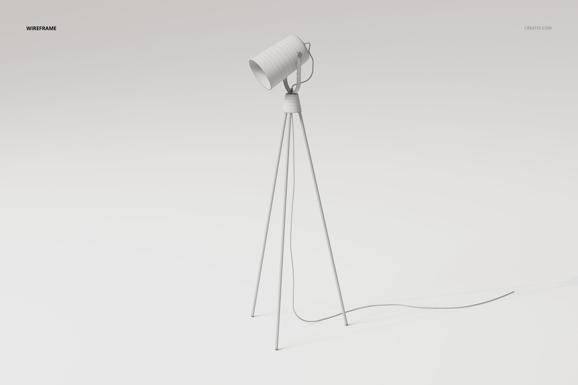 Metal tripod lamp with cylindrical shade shown in wireframe style, standing on three slender legs against a plain background.