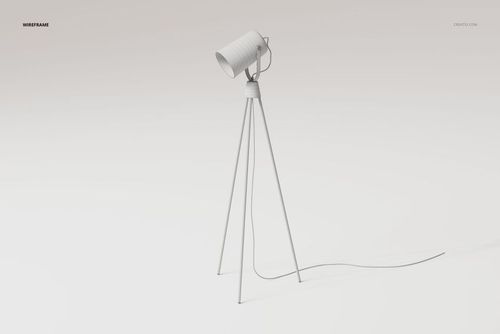 Metal tripod lamp with cylindrical shade shown in wireframe style, standing on three slender legs against a plain background.