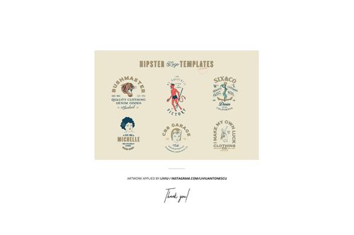 Collection of hipster-inspired logos with text and graphics, shown on a neutral backdrop for mockup presentation.