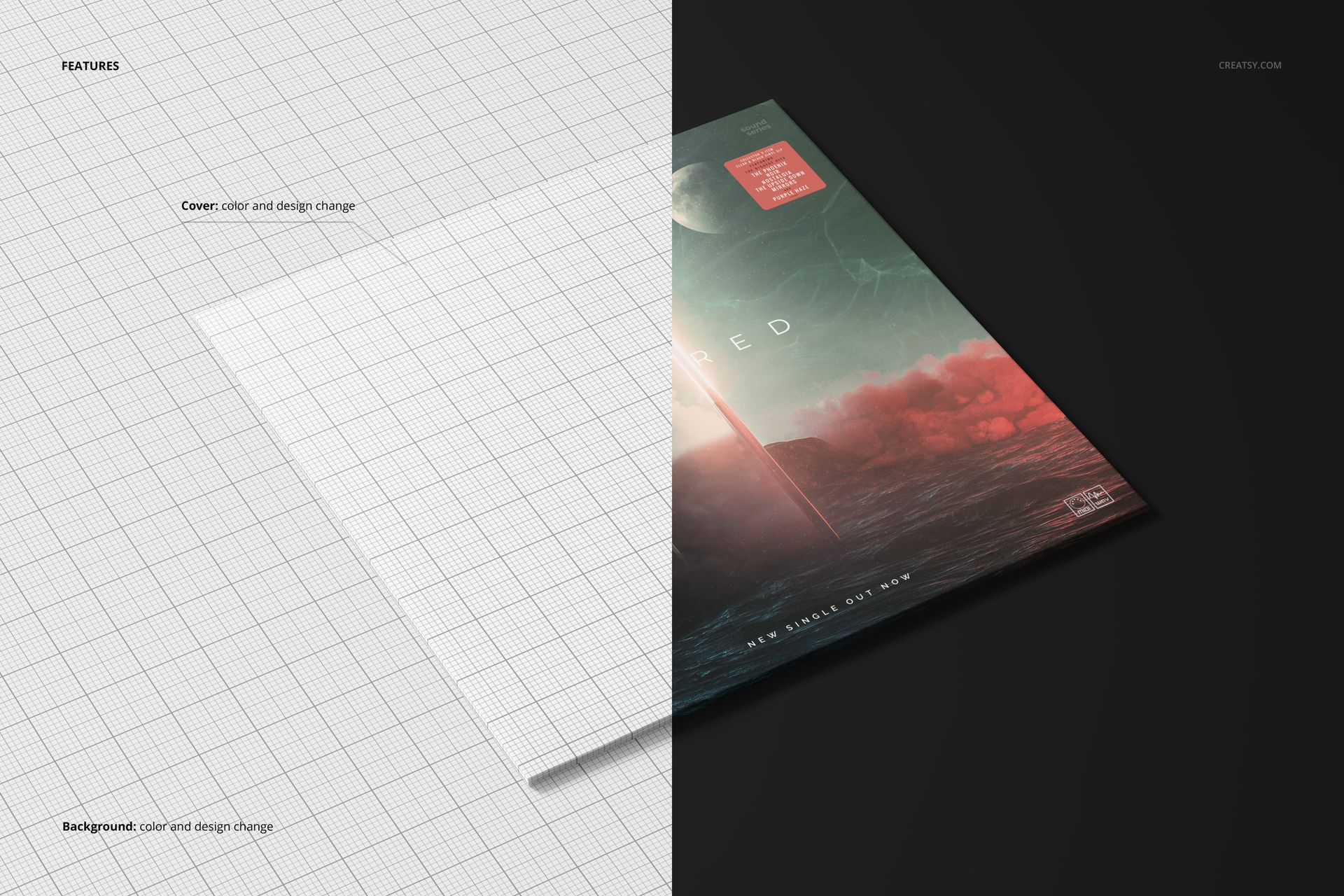 Angled view of a vinyl record album cover mockup, half on a dark surface and half on a grid background.