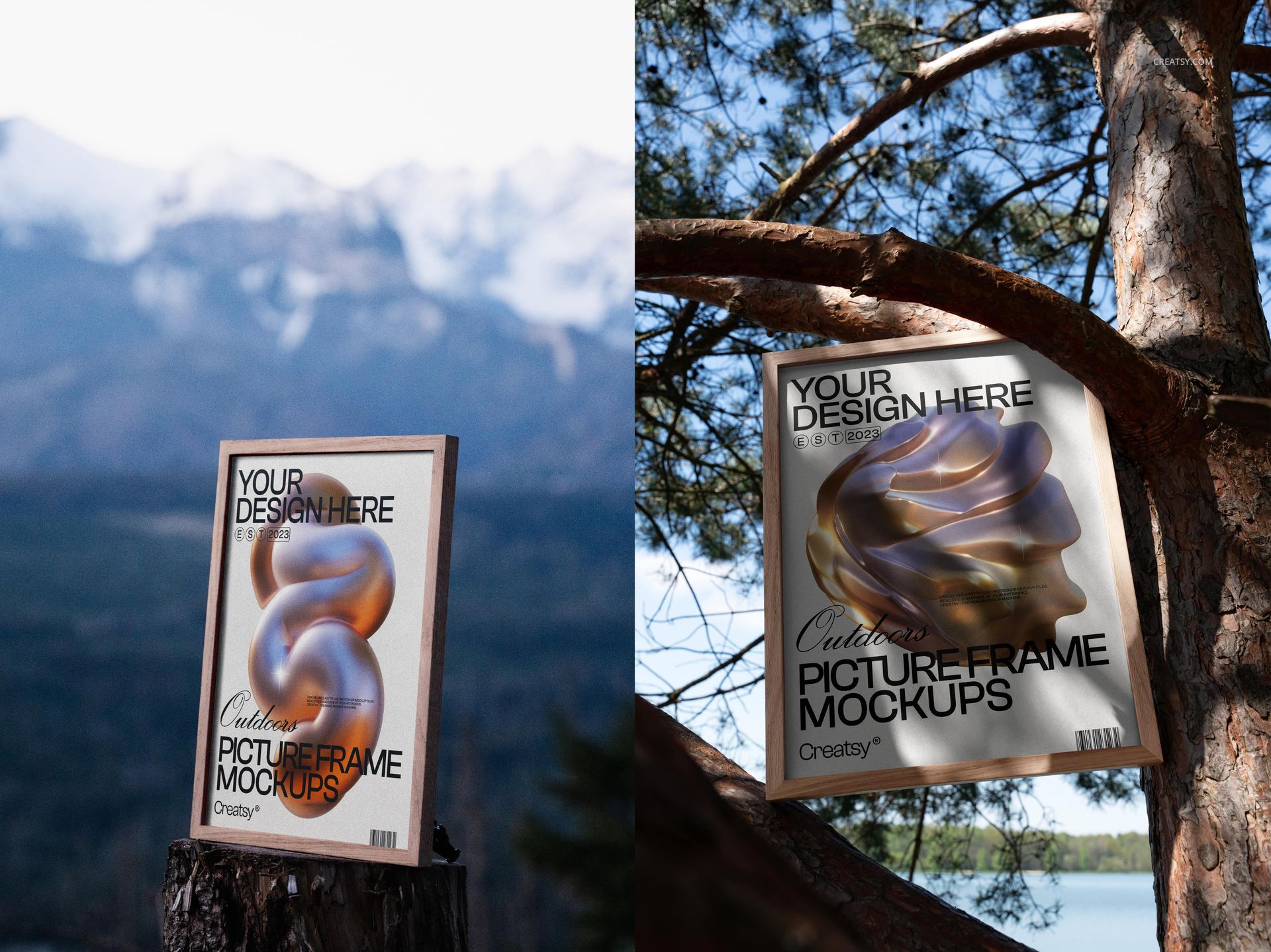 Rectangular picture frame mockup displayed outdoors, featuring a modern abstract design and natural background.