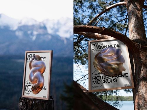 Rectangular picture frame mockup displayed outdoors, featuring a modern abstract design and natural background.