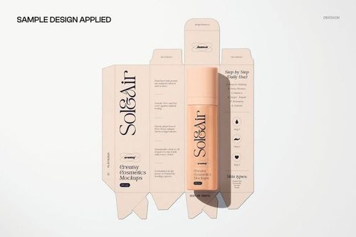 Cosmetic pump bottle and flat unfolded box mockup in soft beige tones with visible branding and instructions.