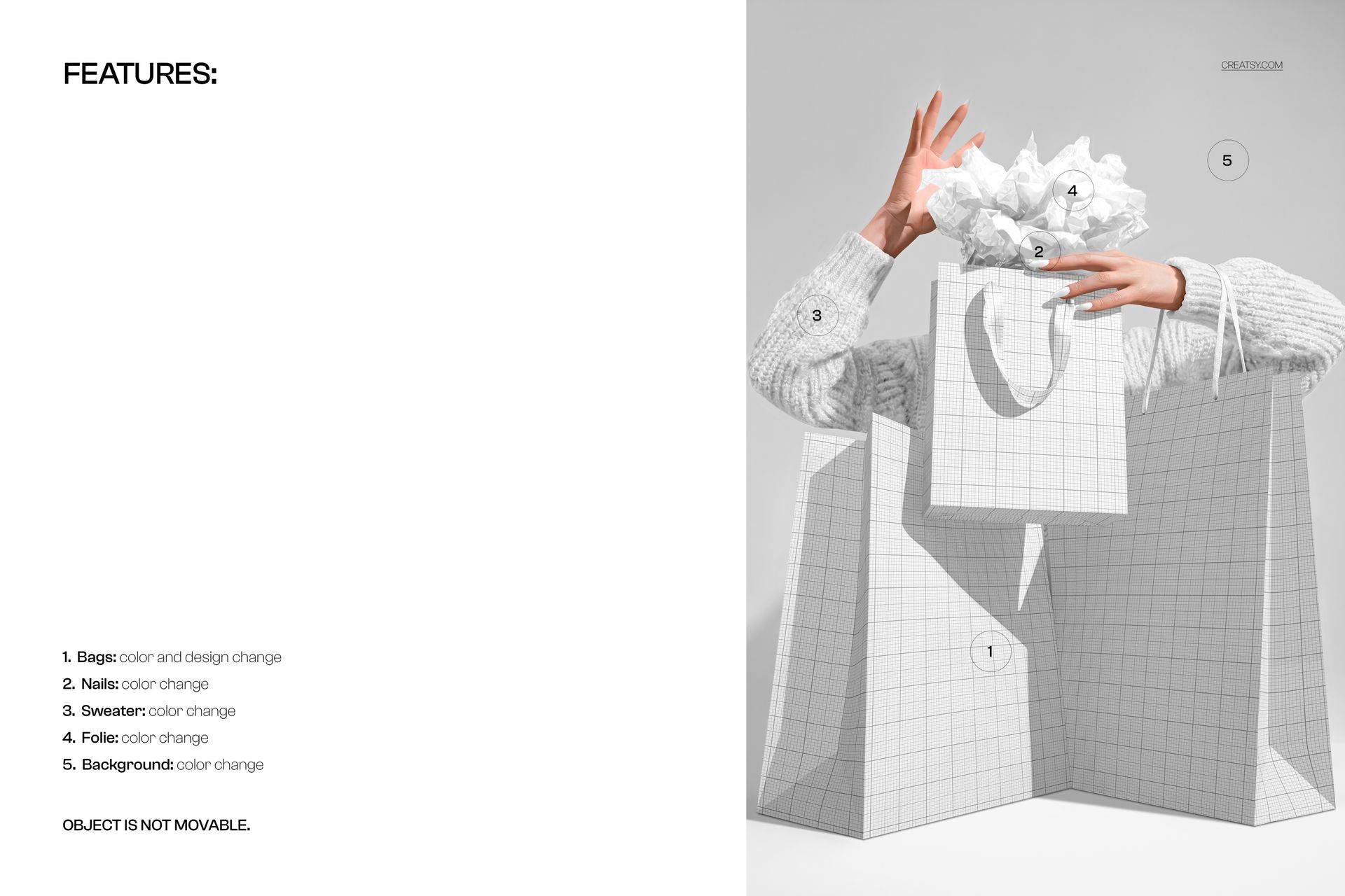PSD mockup displaying multiple paper shopping bags with customizable grid pattern, model's hands visible above bags.