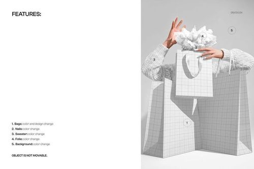 PSD mockup displaying multiple paper shopping bags with customizable grid pattern, model's hands visible above bags.