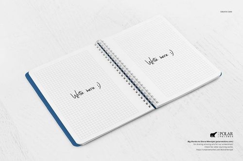 Open spiral notebook with grid paper and blue cover, displayed on a light wooden surface in a top view mockup.