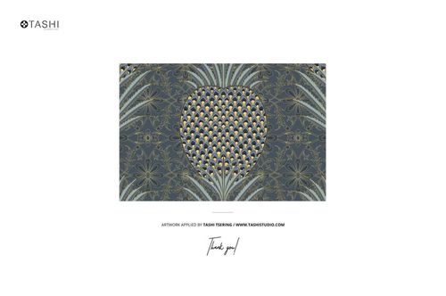 Traditional style bathroom mockup featuring a rectangular wall with ornate gold and blue patterned wallpaper in a front view.