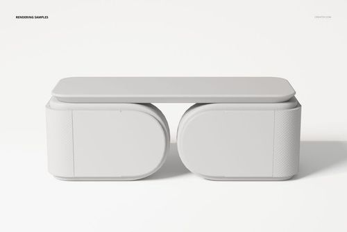 Futuristic upholstered desk with rounded edges and smooth surfaces, shown in a front view on a white background.