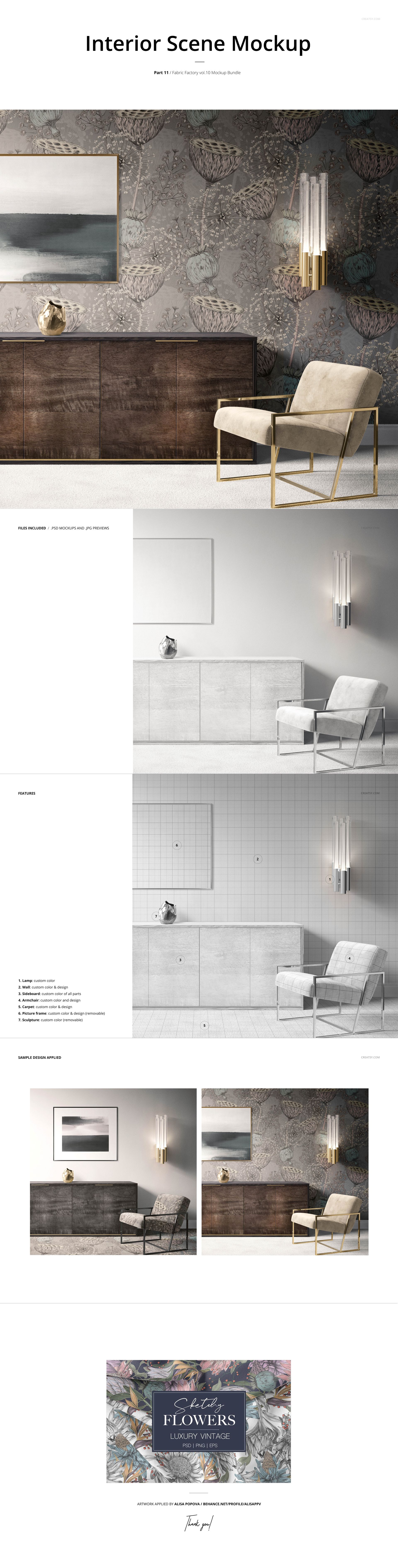 Modern interior scene featuring a white armchair, wooden cabinet, and patterned wallpaper in a PSD mockup setting.