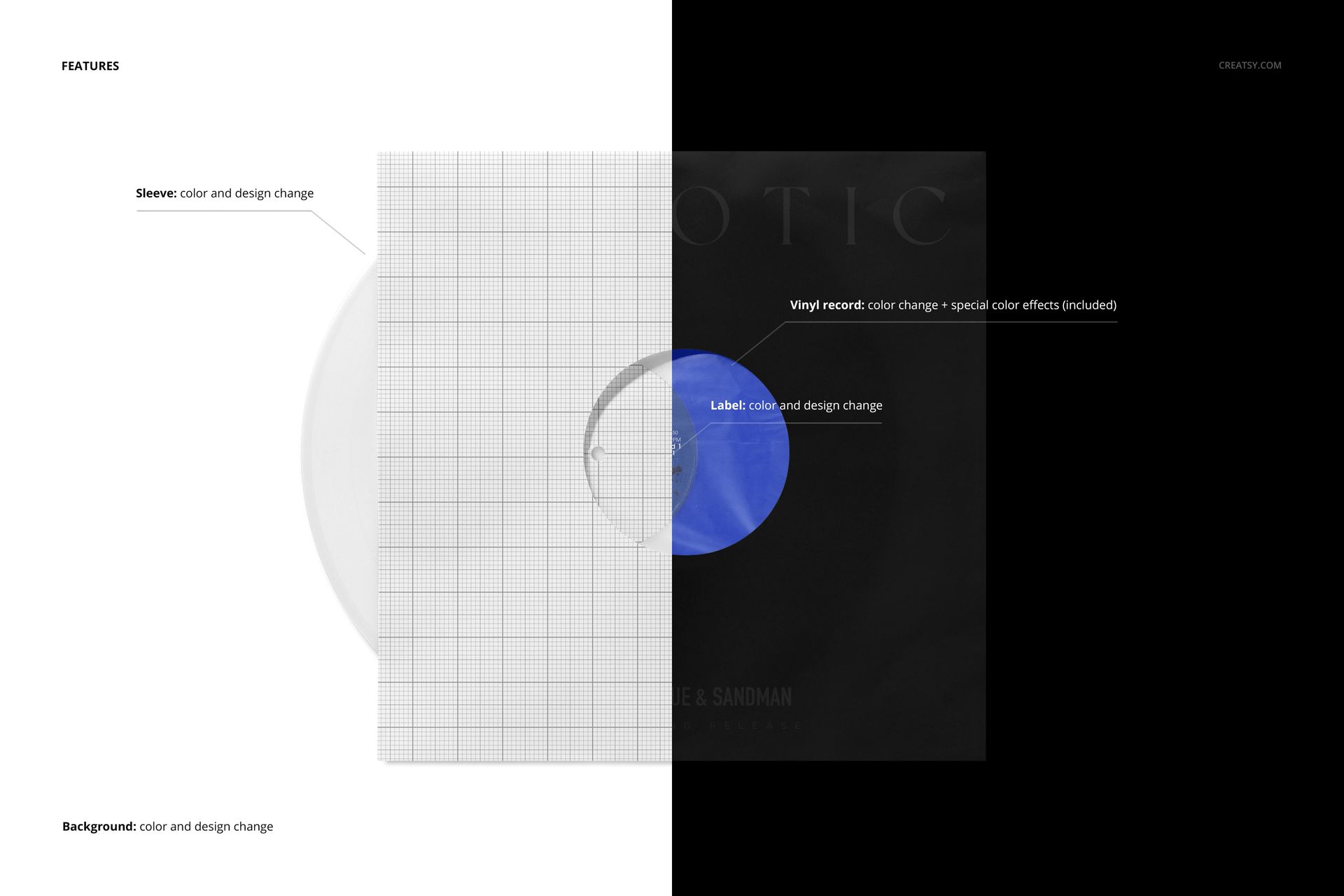 Mockup of a colored vinyl record in a paper sleeve, displayed with half grid and half black background, top view.