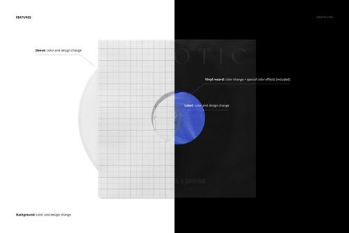 Mockup of a colored vinyl record in a paper sleeve, displayed with half grid and half black background, top view.