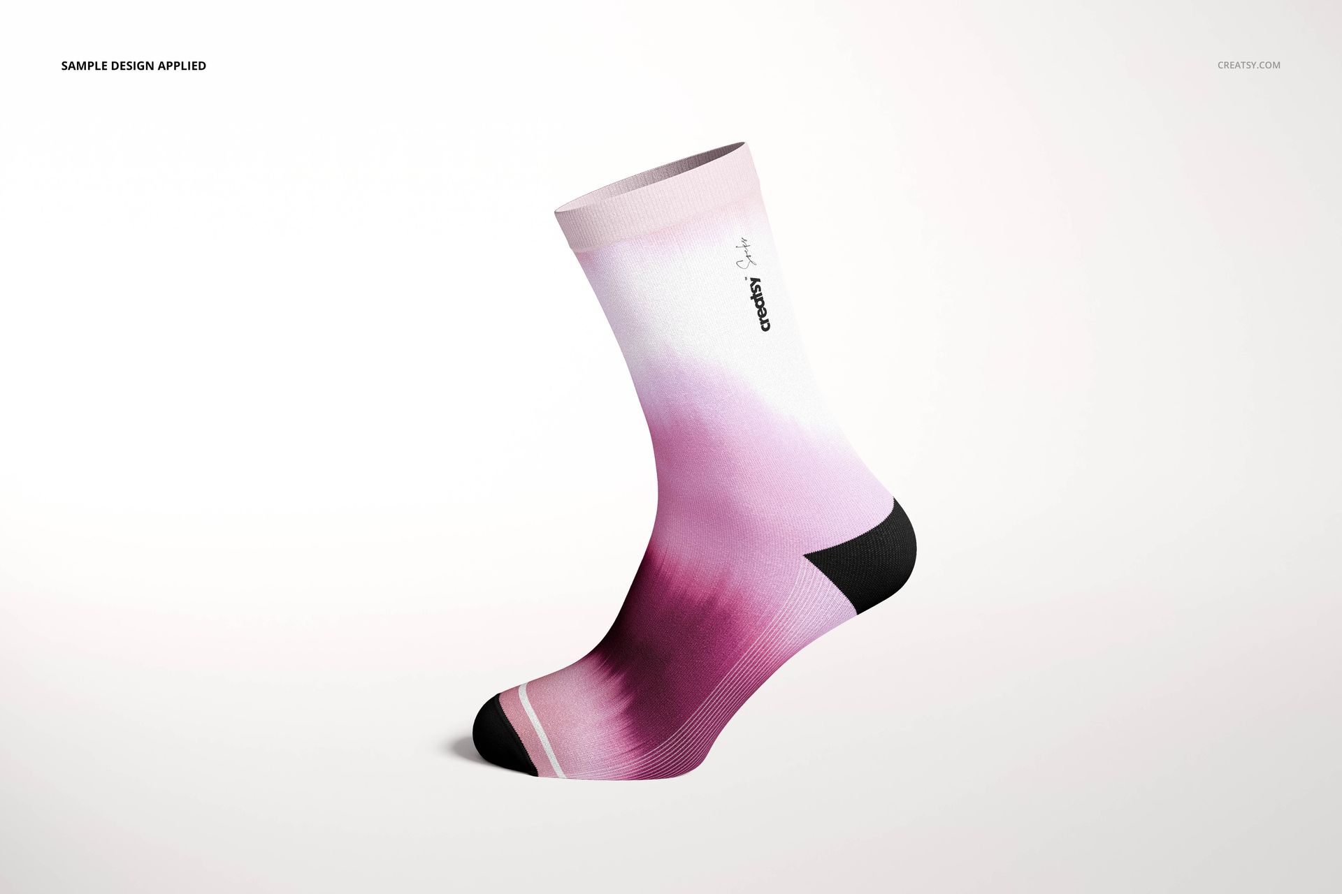 PSD mockup of a fashion sock featuring a soft pink and white gradient design, displayed from a left side perspective.