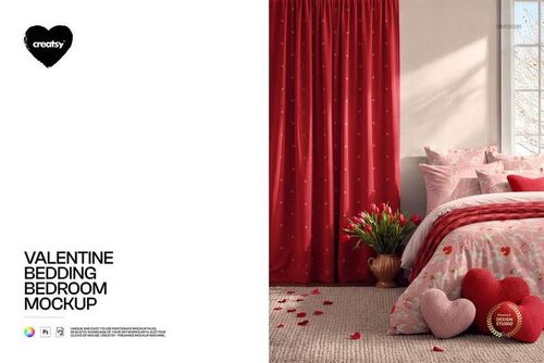 Front view of a Valentine-themed bedding mockup featuring pink duvet cover, pillows, red curtains, and decorative hearts.