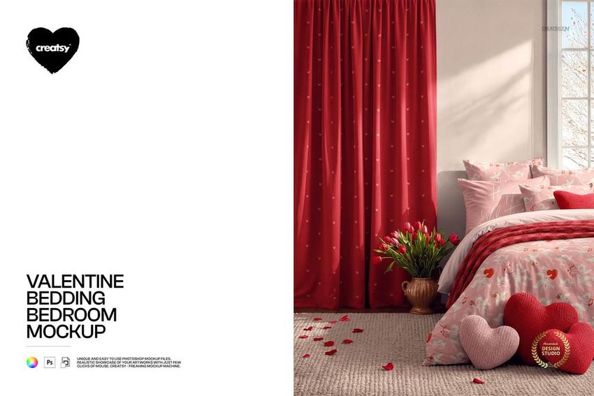 Front view of a Valentine-themed bedding mockup featuring pink duvet cover, pillows, red curtains, and decorative hearts.