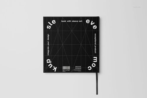 Hardcover book and sleeve mockup featuring a black cover with white text, displayed flat against a pale surface.