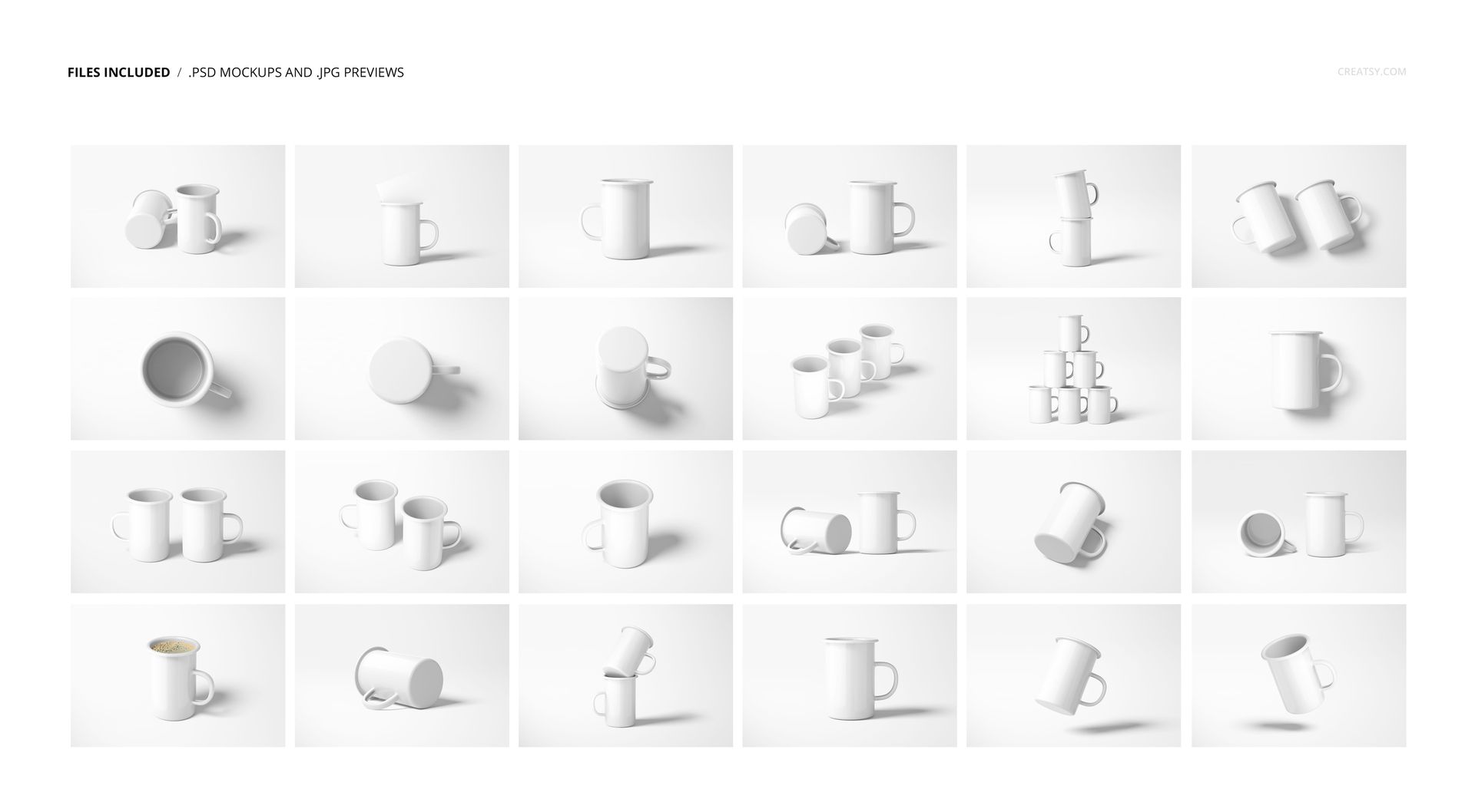 Multiple white enamel mugs displayed in various positions and angles on a plain white background, showcasing mockup styles.