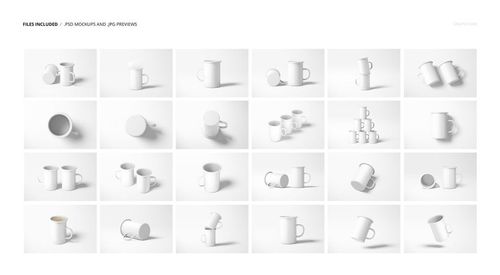 Multiple white enamel mugs displayed in various positions and angles on a plain white background, showcasing mockup styles.