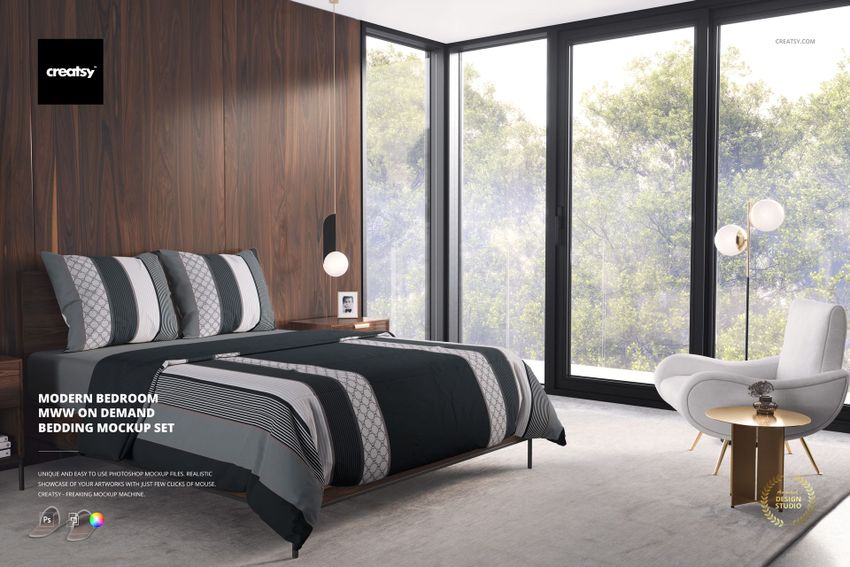 PSD mockup of a stylish bedroom showing a comforter and bedding set with geometric and striped designs, armchair and lamp nearby.