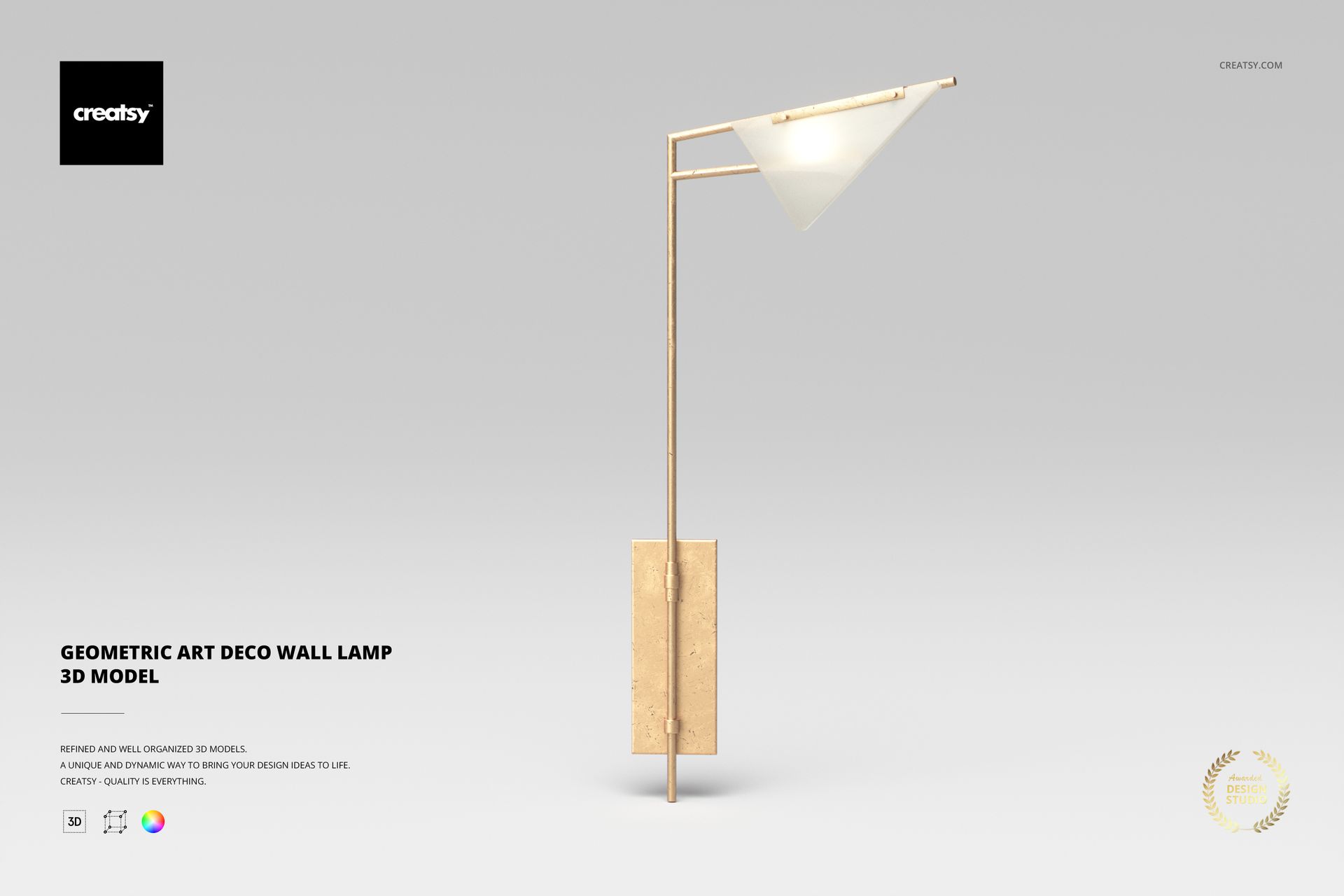 Geometric Art Deco wall lamp with a slim gold frame and angular white shade, shown on a light gray background.
