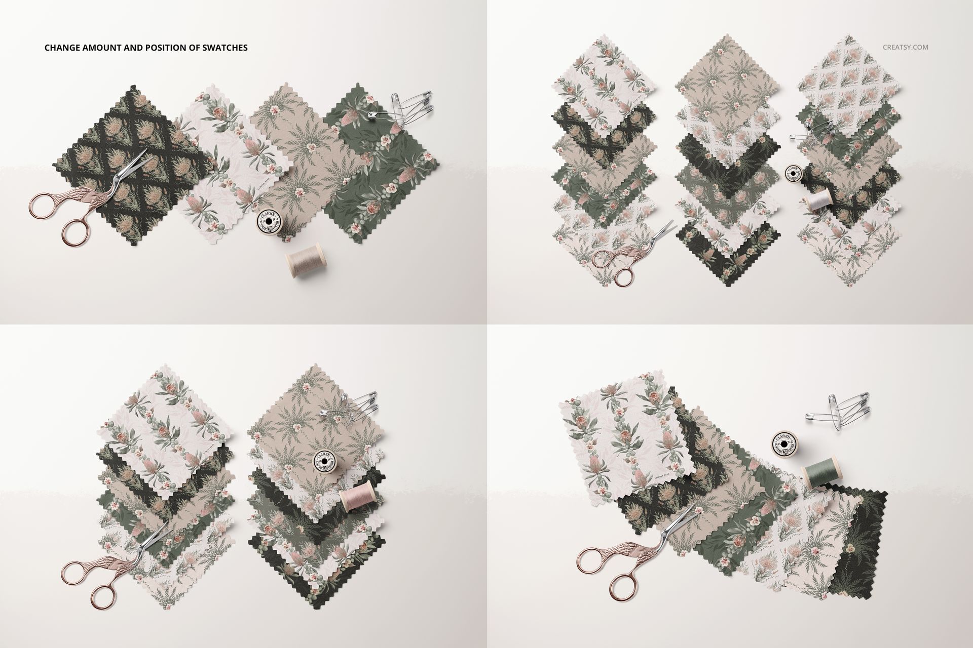 Fabric swatches mockup showing several square textile samples with botanical patterns, arranged in groups on a light surface.