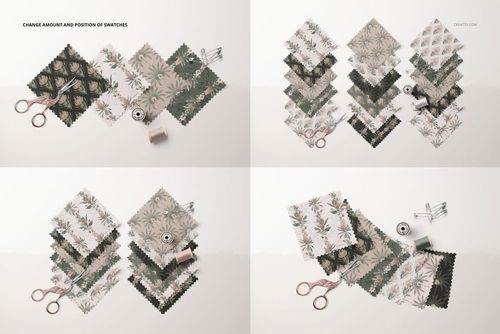 Fabric swatches mockup showing several square textile samples with botanical patterns, arranged in groups on a light surface.