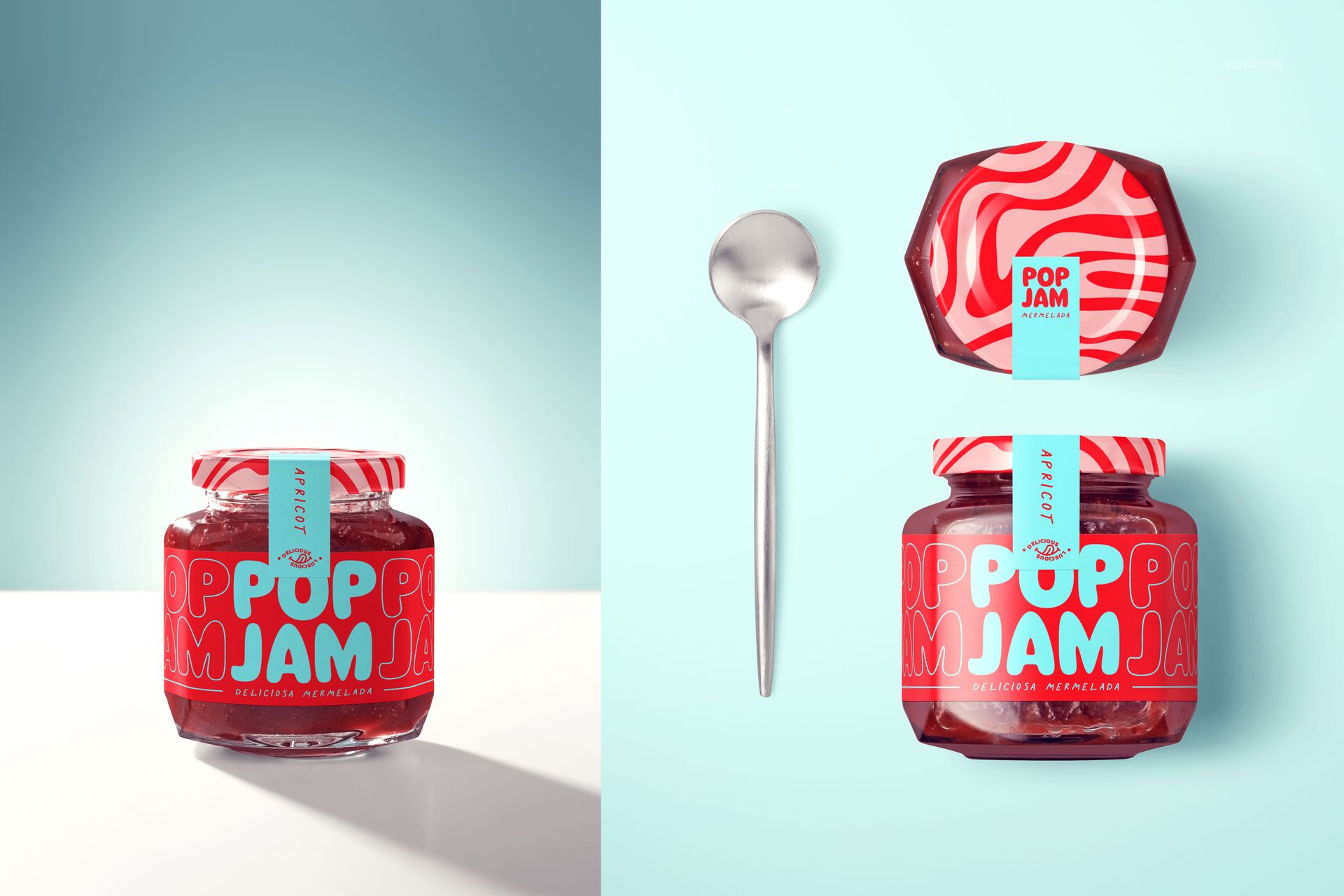Mockup of a strawberry jam jar featuring bold red and white graphics, displayed next to a silver spoon on a blue surface.