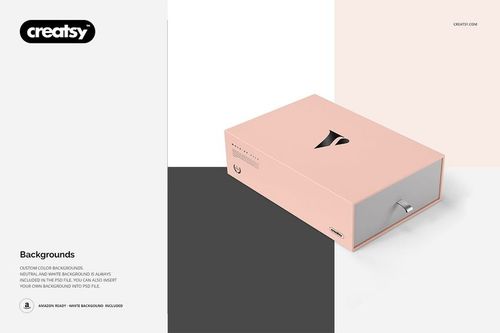 Gift box mockup featuring a light pink rectangular box with a metal handle, displayed against gray and white backgrounds.