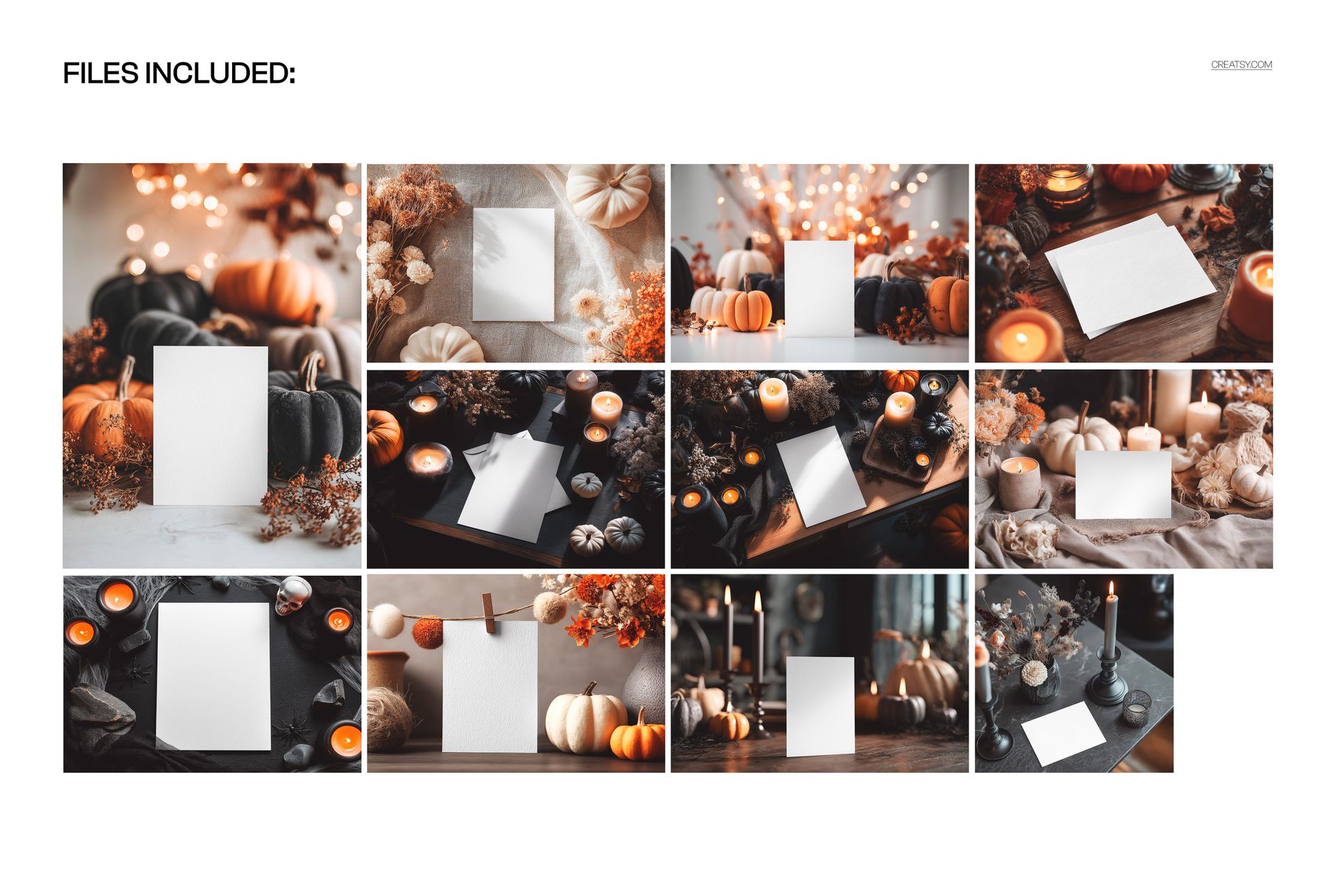Set of Halloween greeting card mockups shown on autumn-themed backgrounds with pumpkins, candles, and leaves.