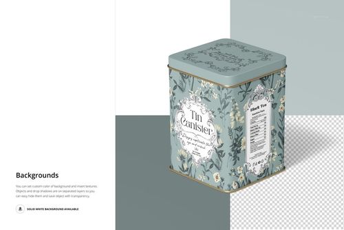 Tin canister mockup featuring a botanical design, gold trim, and editable label, displayed on a white and gray surface.