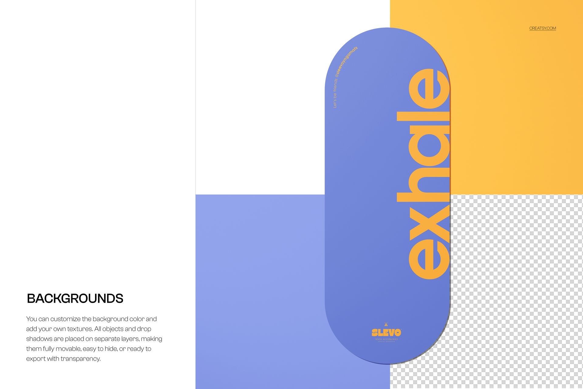 Oval yoga mat mockup with bold yellow 'exhale' text on a purple surface, shown from a top view on a split-color background.