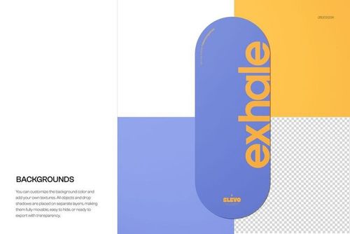 Oval yoga mat mockup with bold yellow 'exhale' text on a purple surface, shown from a top view on a split-color background.