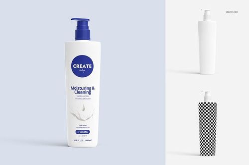 PSD mockup set displaying a lotion bottle with blue dispenser, including blank and checkered pattern variants on right side.