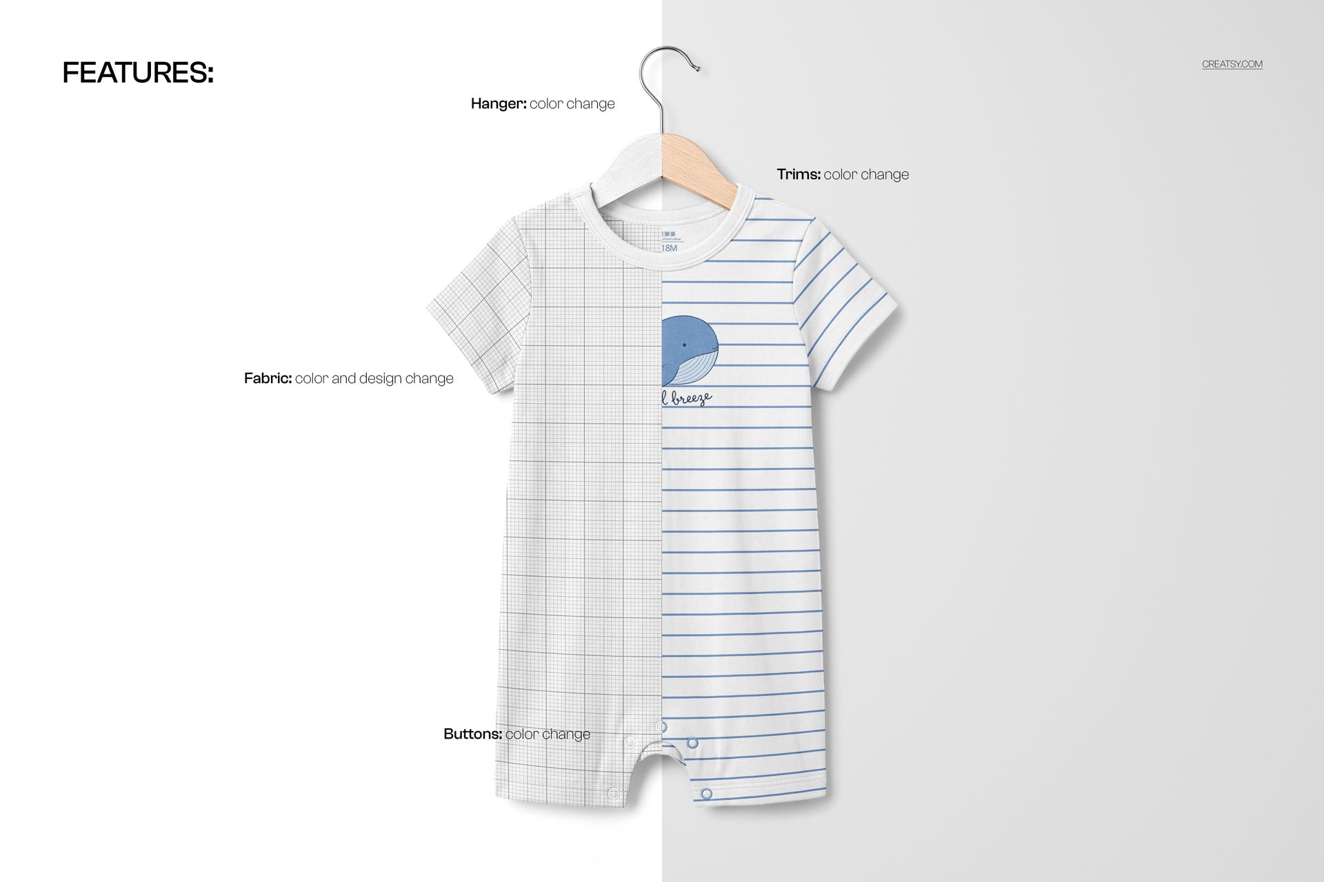 Short-sleeve baby romper suit mockup with split design, showing grid pattern on left and blue stripes on right.