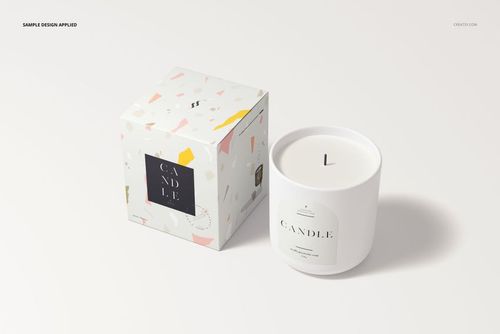Nordic style candle mockup featuring a white vessel candle and matching box with geometric pastel patterns, front view.