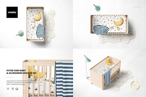 PSD mockup of a fitted crib sheet featuring colorful designs and a striped blanket, displayed in a modern nursery setting.