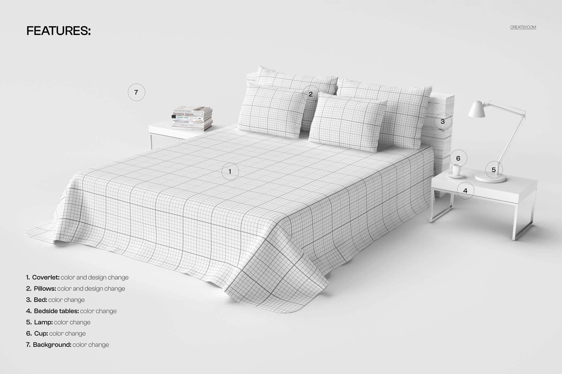 Perspective view of a plain bed coverlet mockup with a subtle grid pattern, pillows, and bedside tables in a minimal white bedroom.
