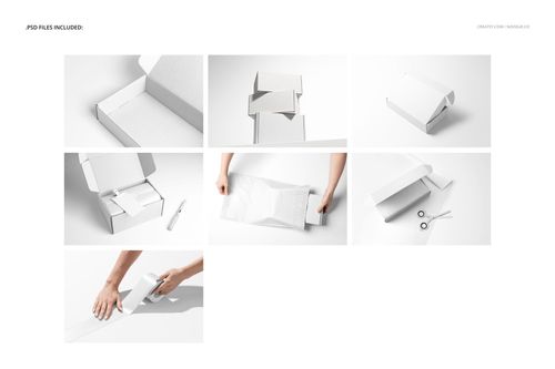 Collage of white mailer boxes and packaging mockups, featuring close-ups and hands interacting with the boxes.