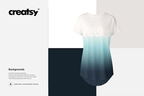 Front view of a women's longline t-shirt mockup with a white to teal gradient design on a neutral square background.